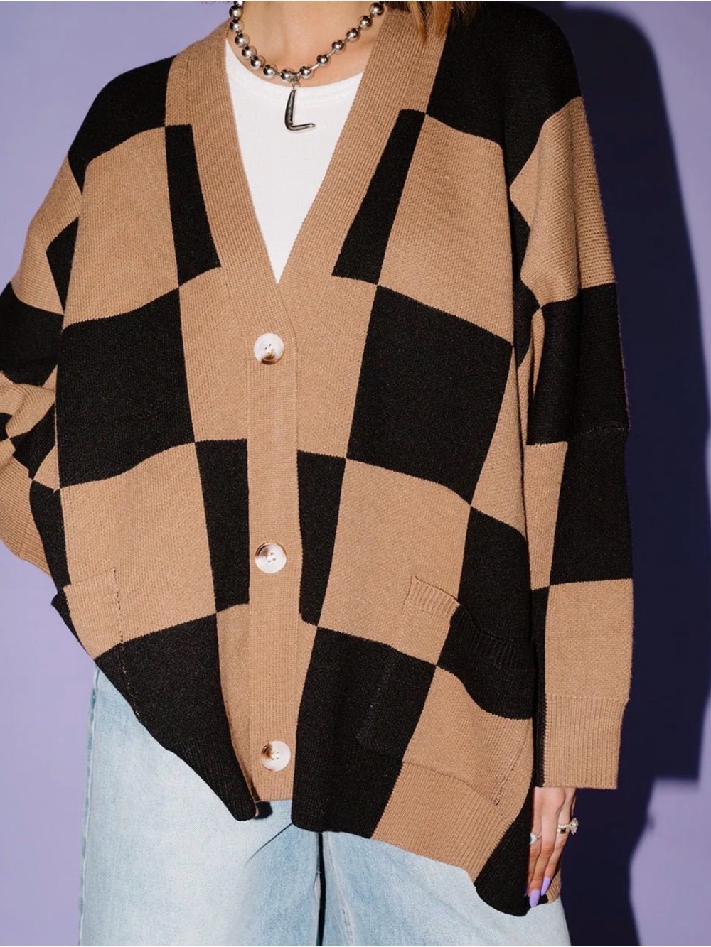 Dressed in LALA Love You Oversized Checkerboard Cardigan in Black + Latte 2X/3X
